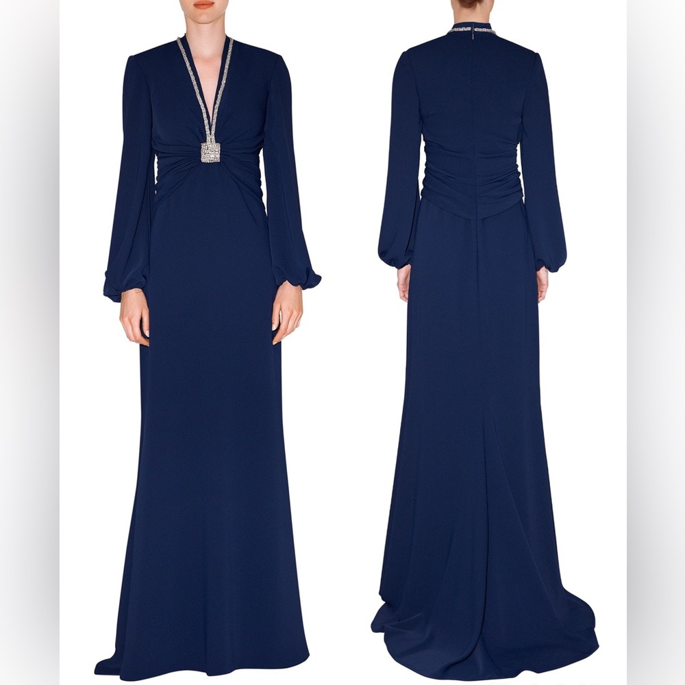 Reem Acra Embellished V-Neck Crepe Gown Dress